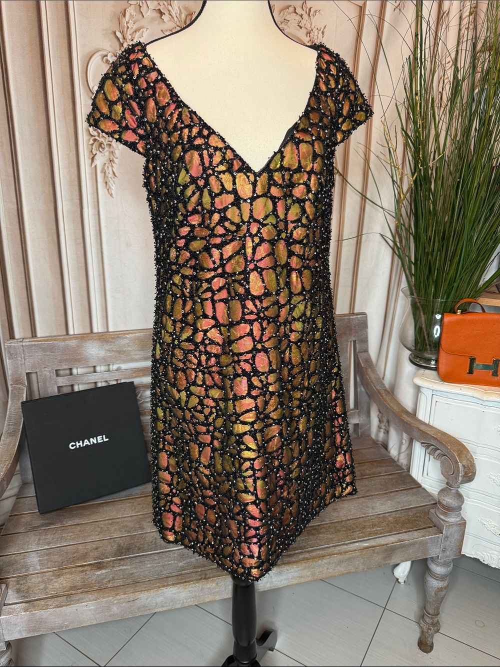 TONY WARD  Beaded Black Overlay Mini Dress with Pink and Gold Underlay